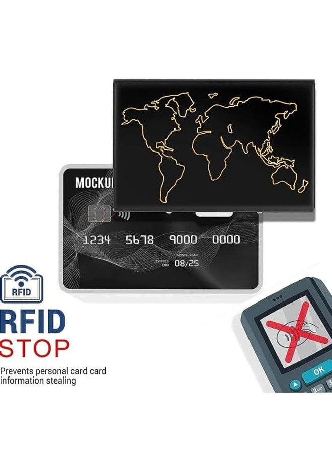 encELade Metal Water-Resistant Stainless Steel World Map Debit/Credit Business ATM 6 Card Holder For Men & Women (Black) - Image 2